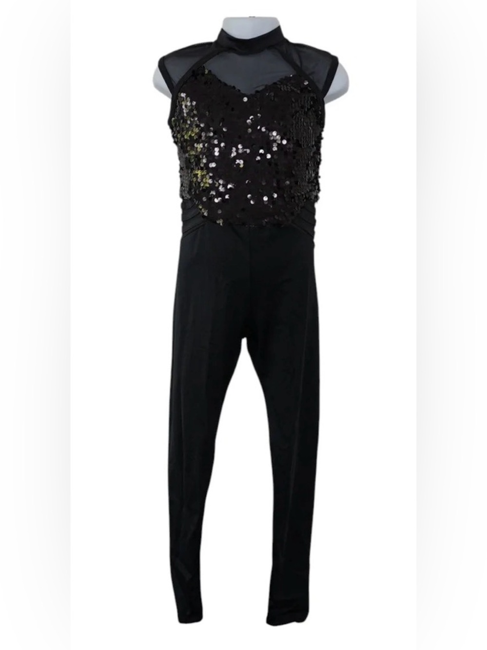 Weissman Black Sequin Mesh High-Neck Jumpsuit